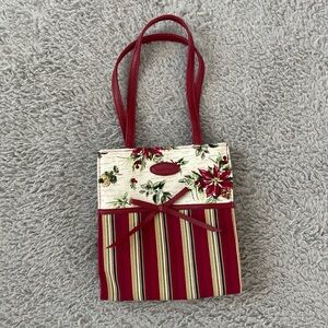 Longaberger Holiday Purse Gift Bag Small Tote Poinsettias Red Green Stripe Bow
